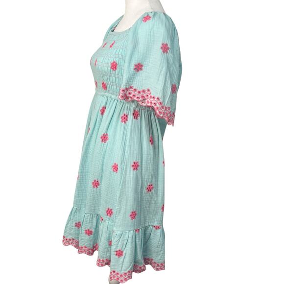 Easel Embroidered Smocked Tie Back Cotton Blue Ruffle Dress Small A Line Boho - Picture 6 of 14